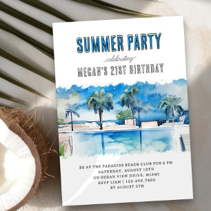 Invitation Fête d'été aquarelle Tropical Piscine Anniversaire