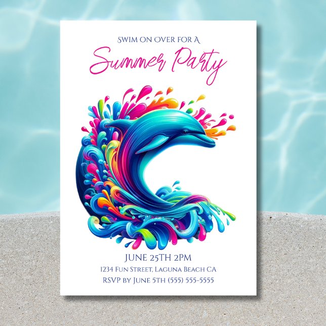 Invitation Fête d'été - Dauphin coloré Splash (Dolphin-Colorful Dolphin-Summer Party Invitations)