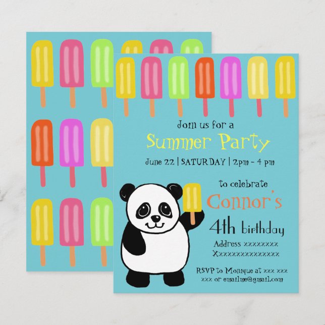 Invitation Fête d'été de Panda Bear avec des Popsicles (Devant / Derrière)