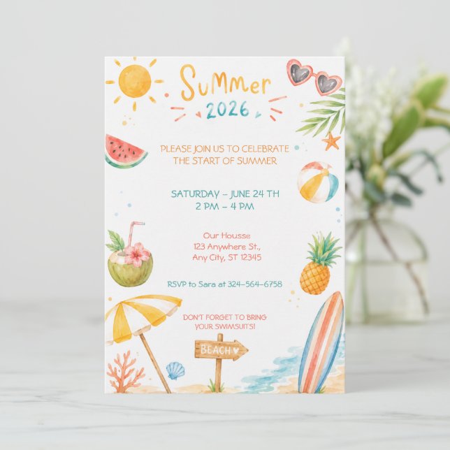Invitation Fête d'été de plage à l'aquarelle Célébration (Debout devant)