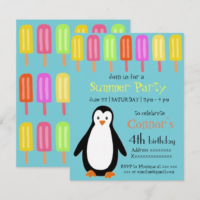 Invitation Fête d'été des manchots avec des Popsicles (Devant / Derrière)