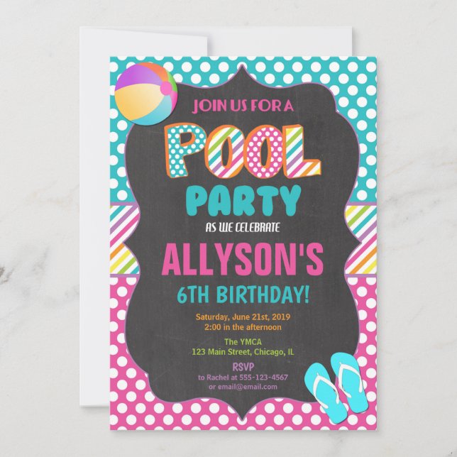 Invitation Fête d'été fête de la piscine fille d'anniversaire (Devant)