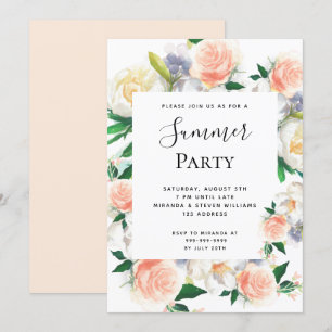 Invitation Fête d'été fleurons luxuriants corail blanc pêche