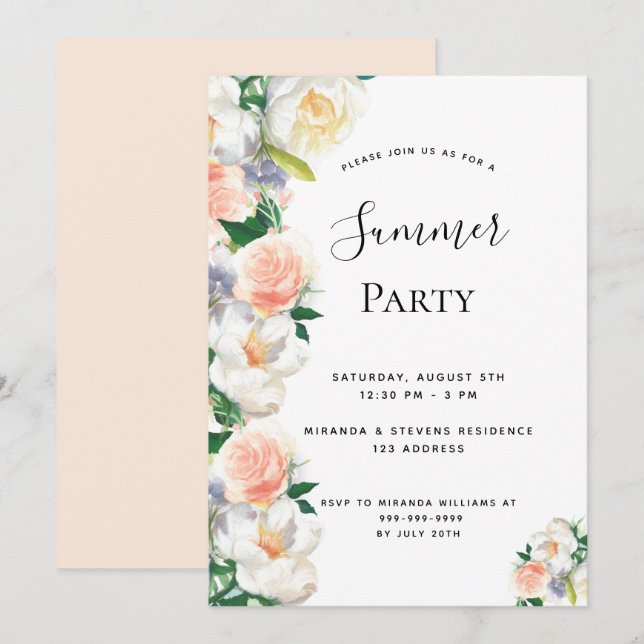 Invitation Fête d'été flush floraux blanc (Devant / Derrière)