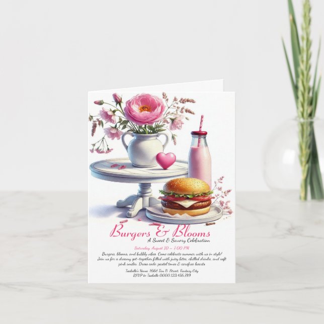 Invitation Fête d'été romantique Aquarelle Burger & Rose (Devant)