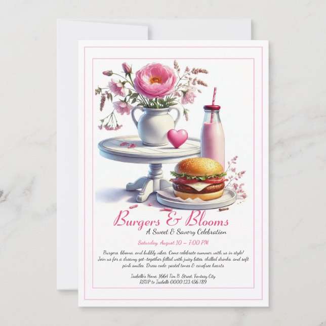 Invitation Fête d'été romantique Burger aquarelle & Rose  (Devant)