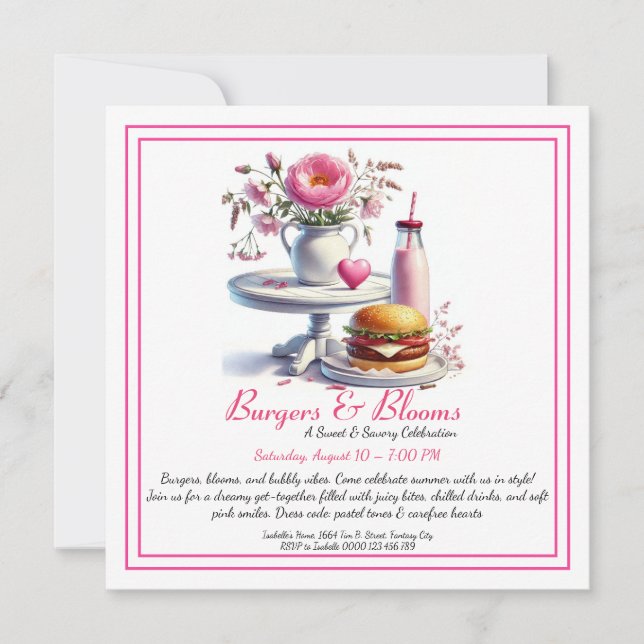 Invitation Fête d'été romantique Burger aquarelle & Rose  (Devant)