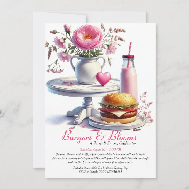 Invitation Fête d'été romantique Burger aquarelle & Rose  (Devant)