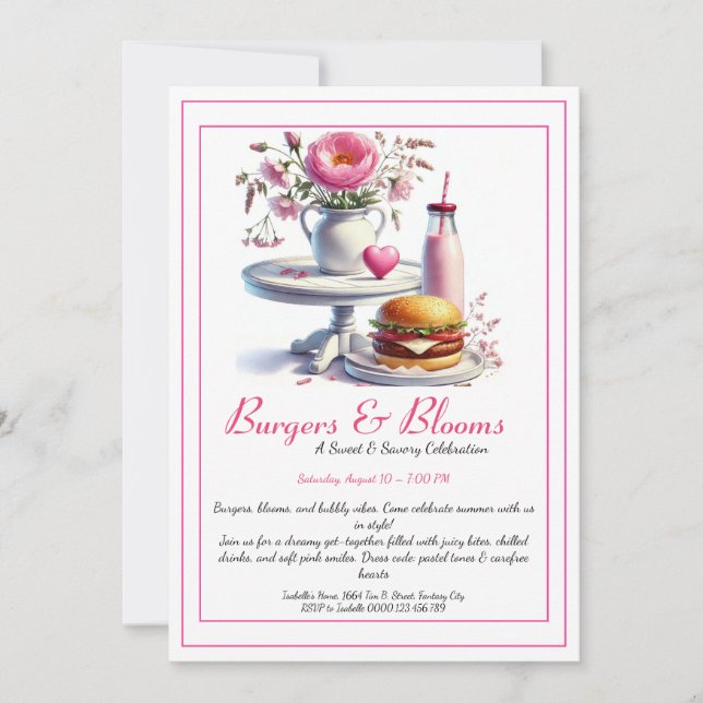 Invitation Fête d'été romantique Burger aquarelle & Rose (Devant)