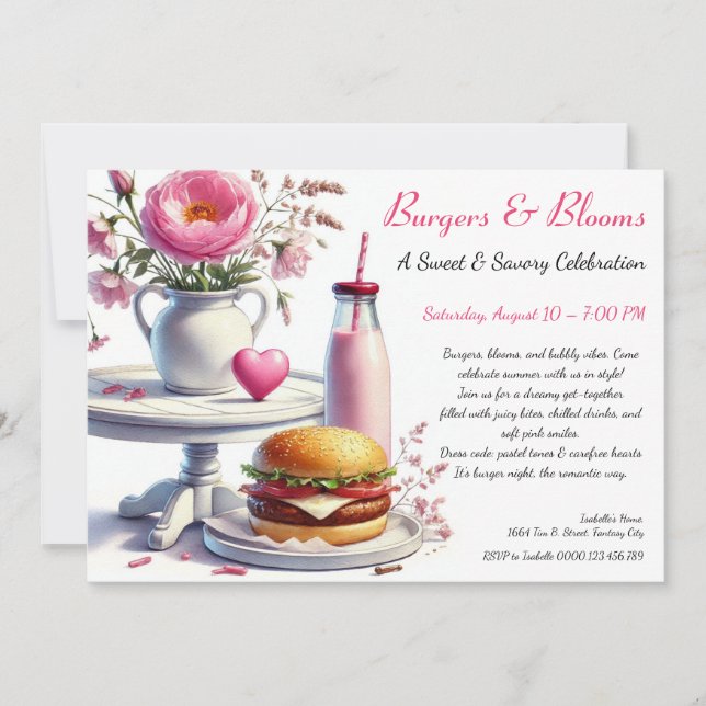 Invitation Fête d'été romantique Burger aquarelle & Rose  (Devant)