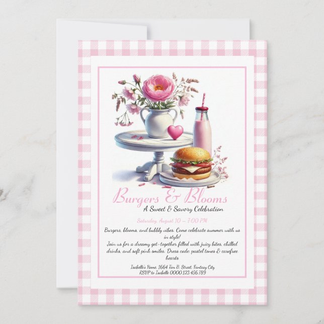 Invitation Fête d'été romantique Burger aquarelle & Rose  (Devant)