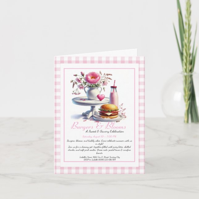 Invitation Fête d'été romantique Burger aquarelle & Rose  (Devant)
