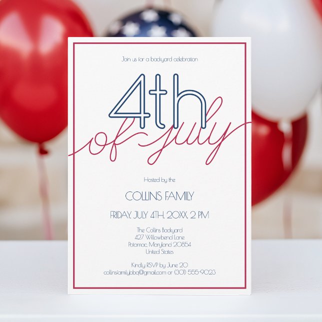 Invitation Fête d'été Rouge Blanc et Bleu 4 juillet (Modern Red White and Blue 4th of July Summer Party Invitation)