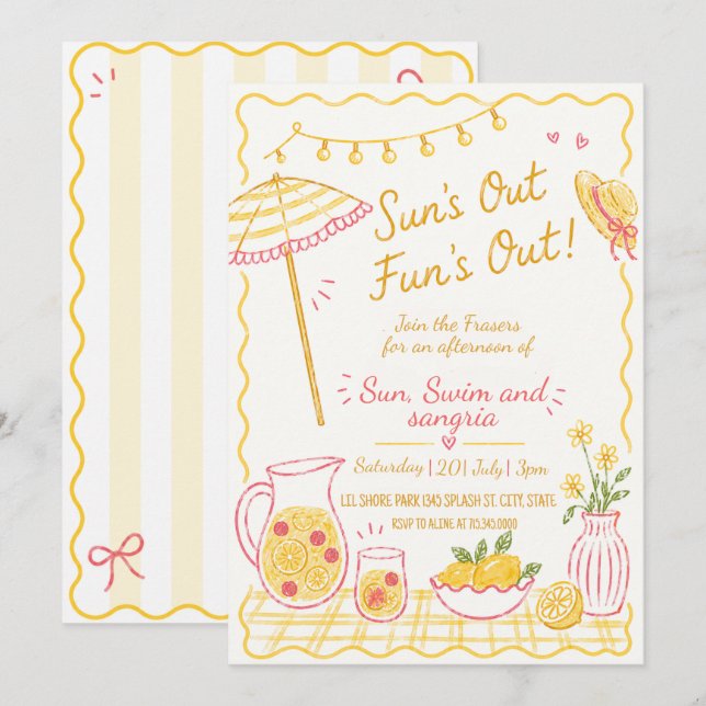 Invitation Fête d'été Sun's Out Fun's Out dessinée à la main (Devant / Derrière)