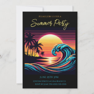 Invitation Fête d'été - Sunset Retro Surf Wave