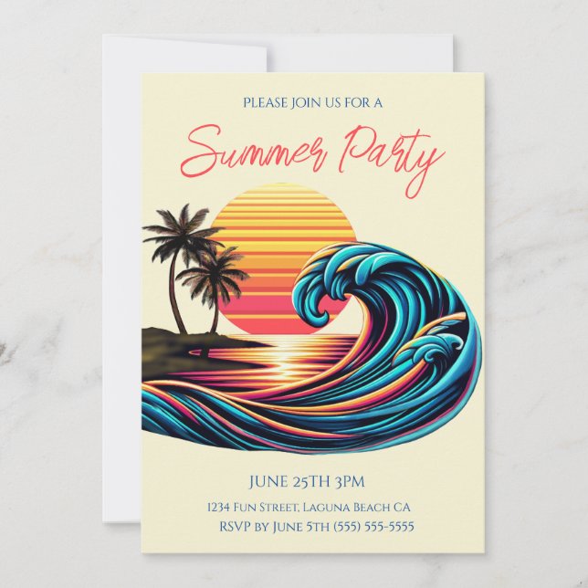 Invitation Fête d'été - Sunset Retro Surf Wave (Devant)