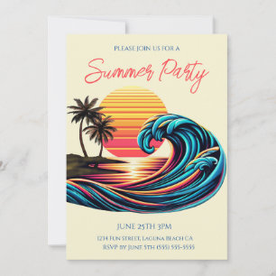 Invitation Fête d'été - Sunset Retro Surf Wave