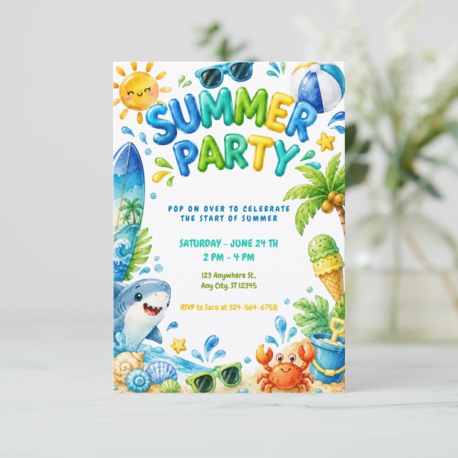 Invitation Fête d'été sur la plage pour un anniversaire (Debout devant)