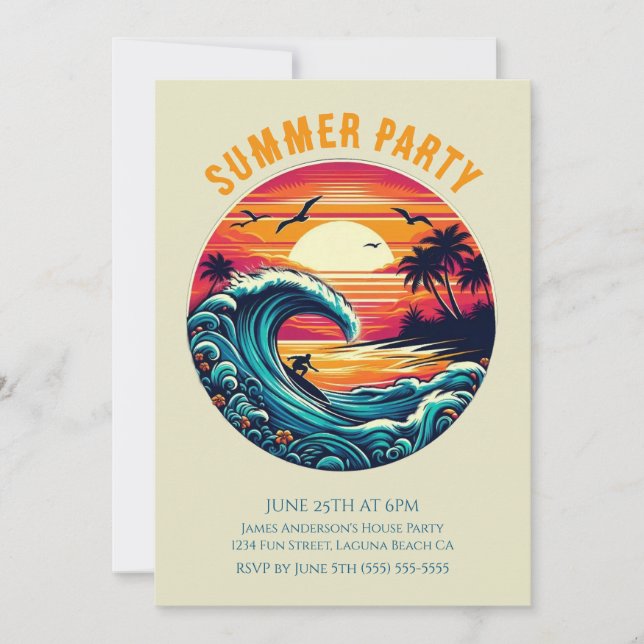 Invitation Fête d'été - Surfer rétro au coucher du soleil (Devant)