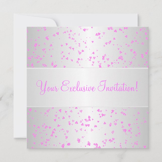 Invitation Fête d'événement Confetti Cœurs Roses Blanc Argent (Devant)