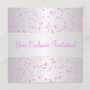 Invitation Fête d'événement Confetti Cœurs Roses Blanc Argent
