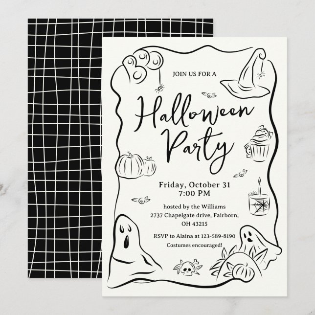 Invitation Fête d'Halloween à doodle dessiné à la main de man (Devant / Derrière)