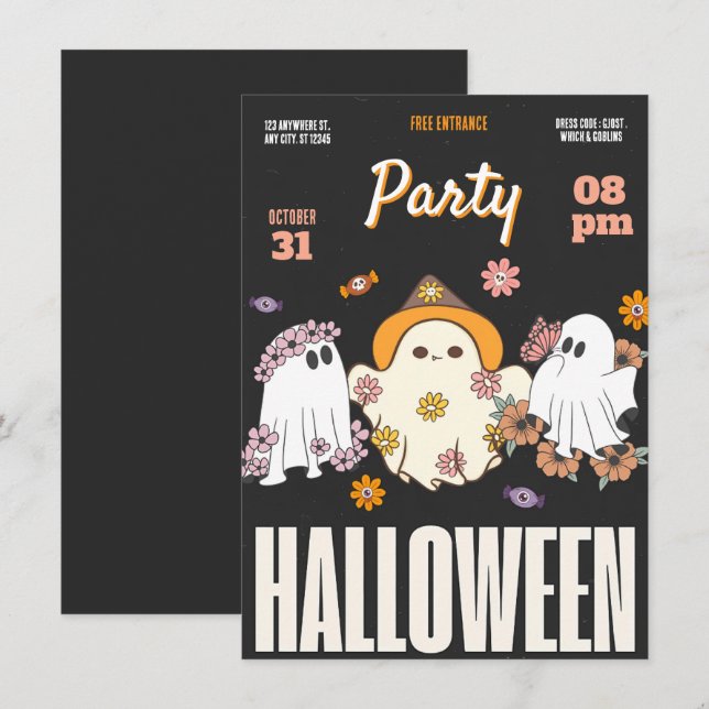 Invitation Fête d'Halloween à la mode noire, rose et orange (Devant / Derrière)