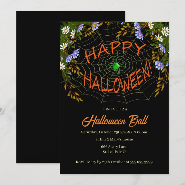 Invitation Fête d'Halloween à la toile d'araignée florale (Devant / Derrière)