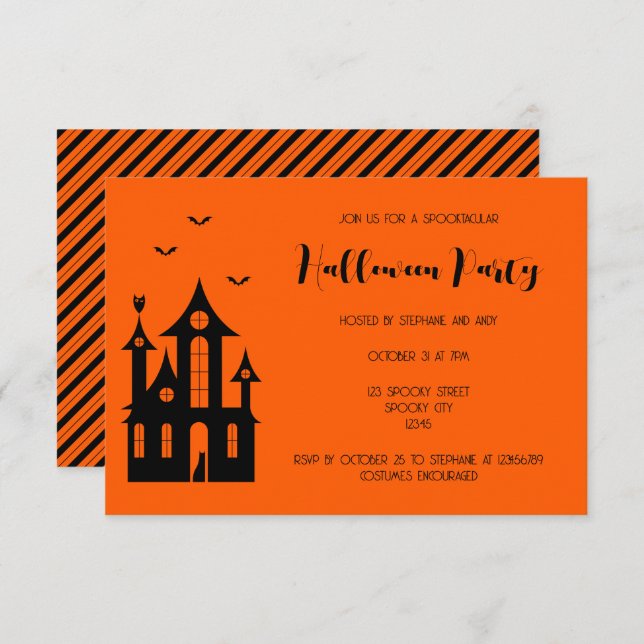 Invitation Fête d'Halloween adulte Maison hantée Black Orange (Devant / Derrière)