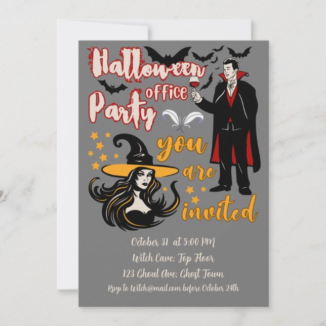Invitation Fête d'Halloween au bureau Dracula Sorcière (Devant)