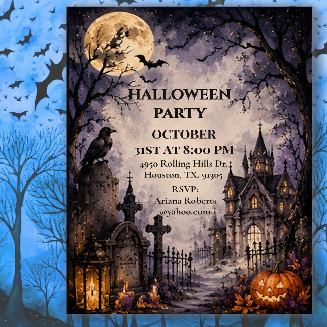 Invitation Fête d'Halloween au cimetière au clair de lune  (Créateur téléchargé)