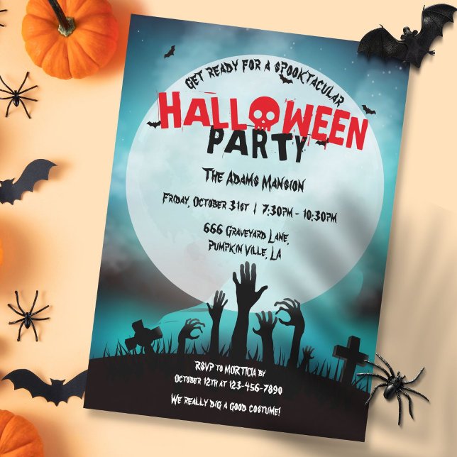 Invitation Fête d'Halloween au cimetière de zombies effrayant (Spooky Zombie Graveyard Halloween Party Invitation)