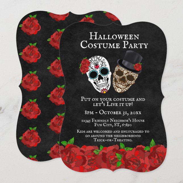 Invitation Fête d'Halloween aux crânes en sucre Roses Rouges  (Devant / Derrière)