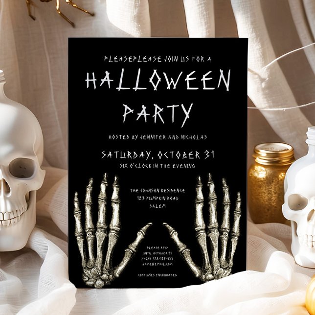 Invitation Fête d'Halloween aux Mains de Squelette Effrayant (Spooky Skeleton Hands Halloween Party Invitation)
