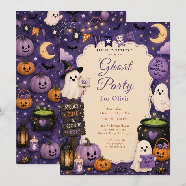 Invitation Fête d'Halloween avec des fantômes mignons (Devant / Derrière)