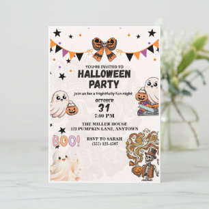 Invitation Fête d'Halloween avec fantôme et squelette mignons