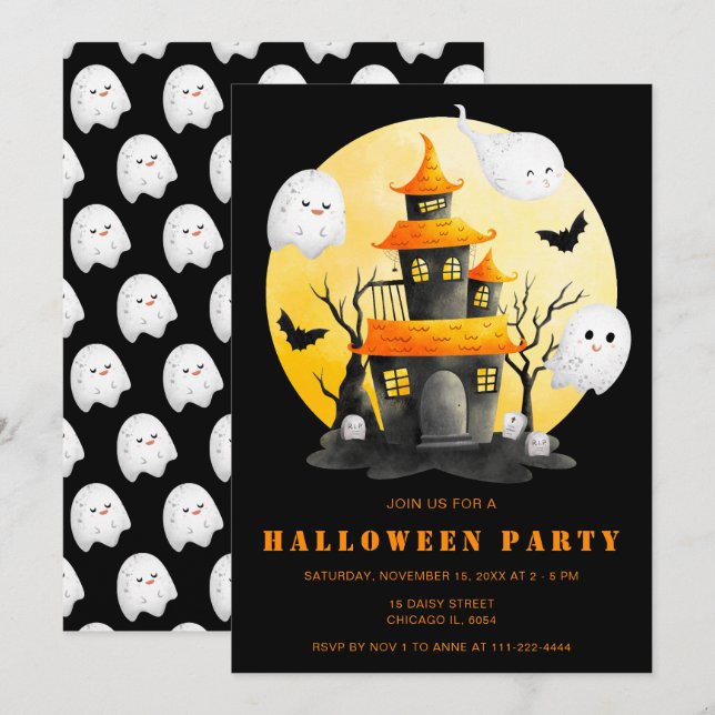 Invitation Fête d'Halloween avec Maison hantée et Fantômes (Devant / Derrière)