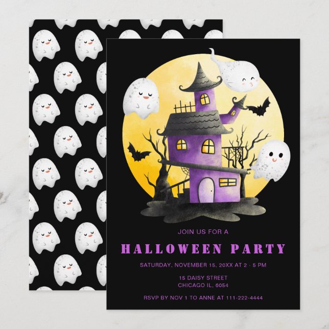 Invitation Fête d'Halloween avec Maison hantée et Fantômes (Devant / Derrière)