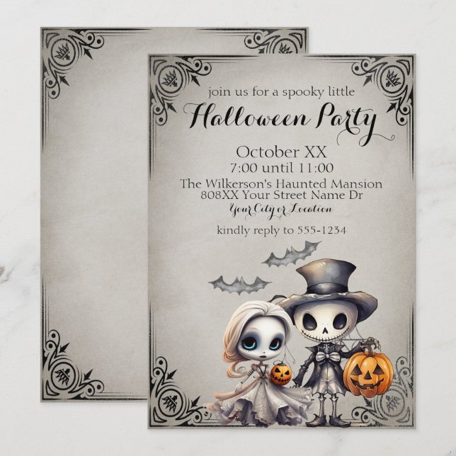 Invitation Fête d'Halloween avec poupée fantôme et squelette  (Devant / Derrière)