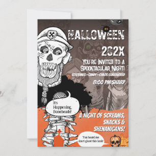 Invitation Fête d'Halloween avec un squelette drôle au micro