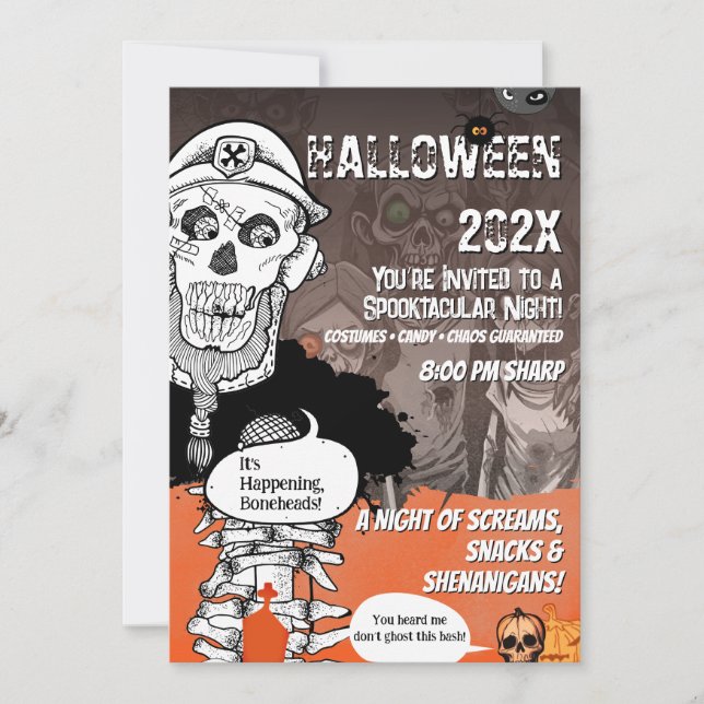Invitation Fête d'Halloween avec un squelette drôle au micro (Devant)