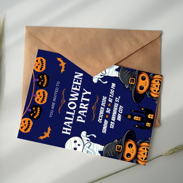 Invitation Fête d'Halloween Blue et Orange Pumpkin Boo (Créateur téléchargé)