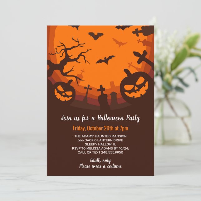 Invitation Fête d'Halloween Bumkins Chauves-souris Tombes Noi (Debout devant)