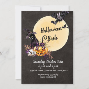 Invitation Fête d'Halloween Chat de pleine lune effrayant