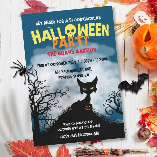 Invitation Fête d'Halloween Chat Fantôme (Spooky Cat Halloween Party Invitation)