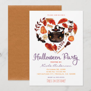 Invitation Fête d'Halloween Chat Noir Aquarelle Fantaisiste