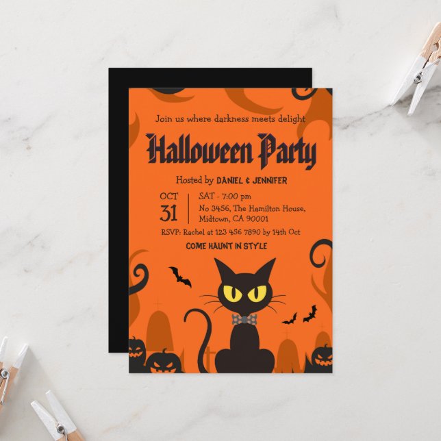Invitation Fête d'Halloween Chat Noir Fantôme Citrouille Épou (Devant/Arrière en situation)