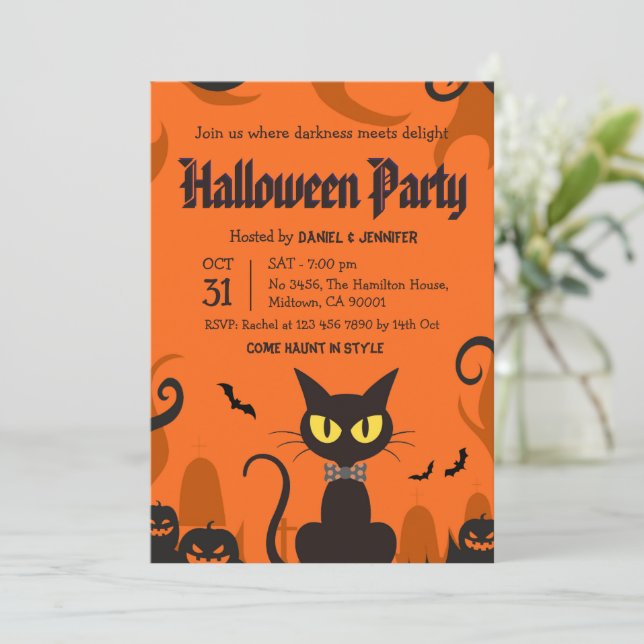 Invitation Fête d'Halloween Chat Noir Fantôme Citrouille Épou (Debout devant)