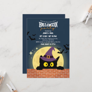 Invitation Fête d'Halloween Chat Noir Lune Chauve-Souris Chap