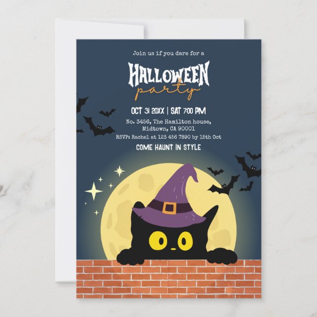 Invitation Fête d'Halloween Chat Noir Lune Chauve-Souris Sorc (Devant)